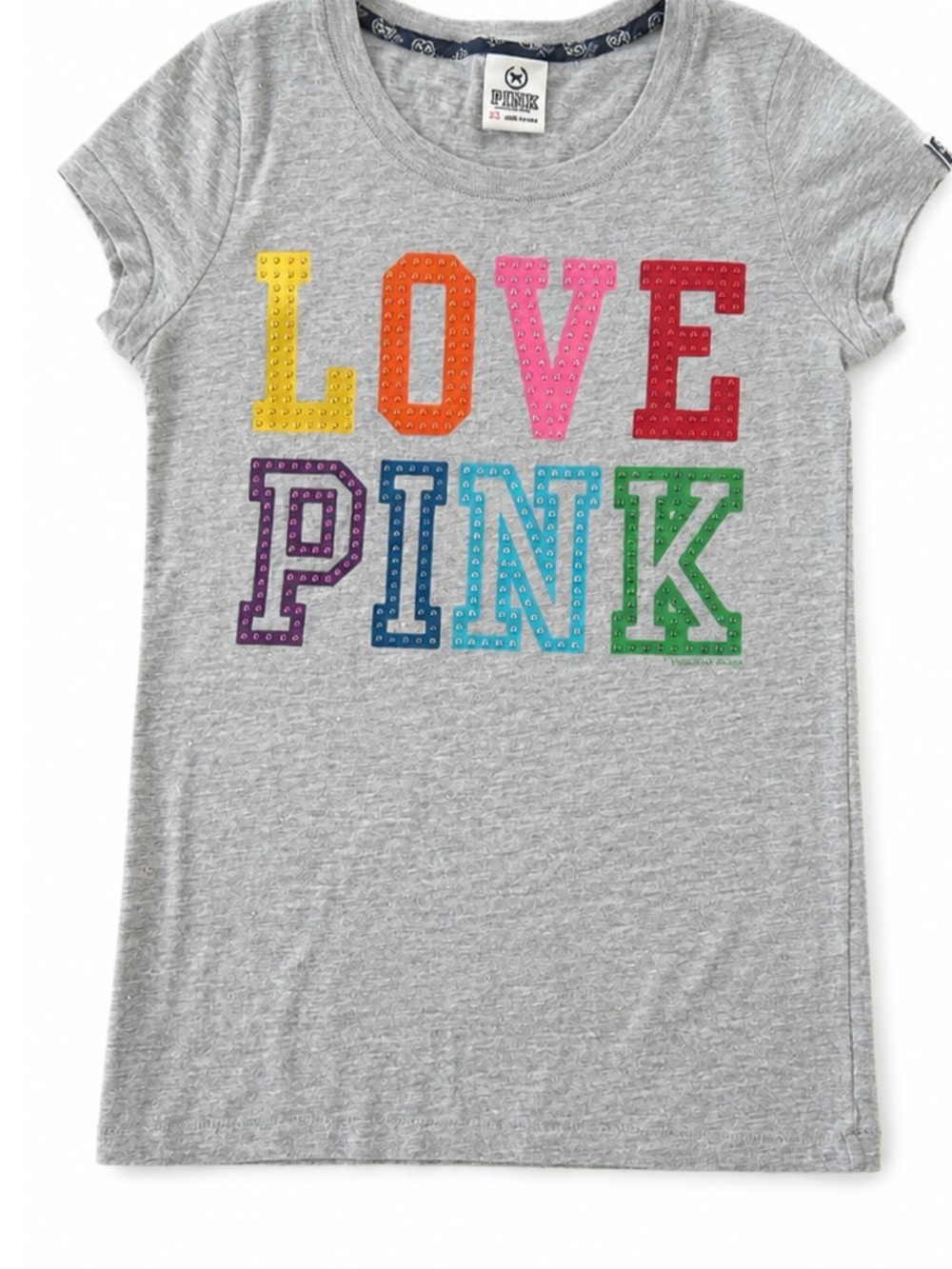 PINK Victoria's Secret Gray Tee with Rainbow LOVE PINK Graphic - Picture 2 of 4